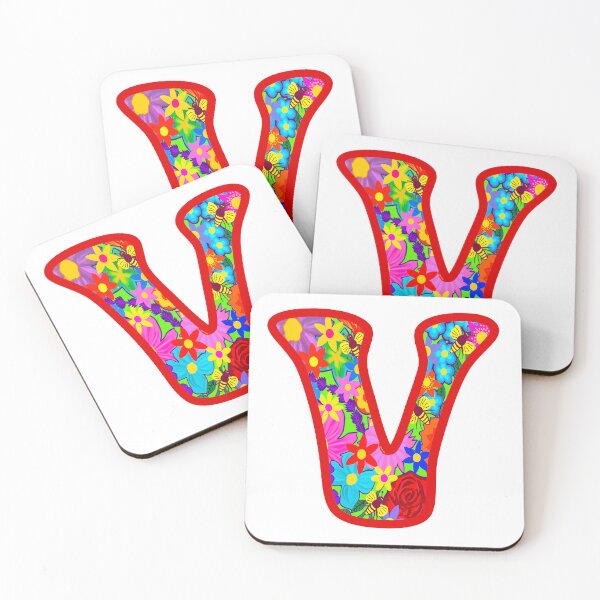 Item preview, Red Floral Alphabet Letter V – Colorful Boho Psychedelic Flower Typography Art designed and sold by Vividality.