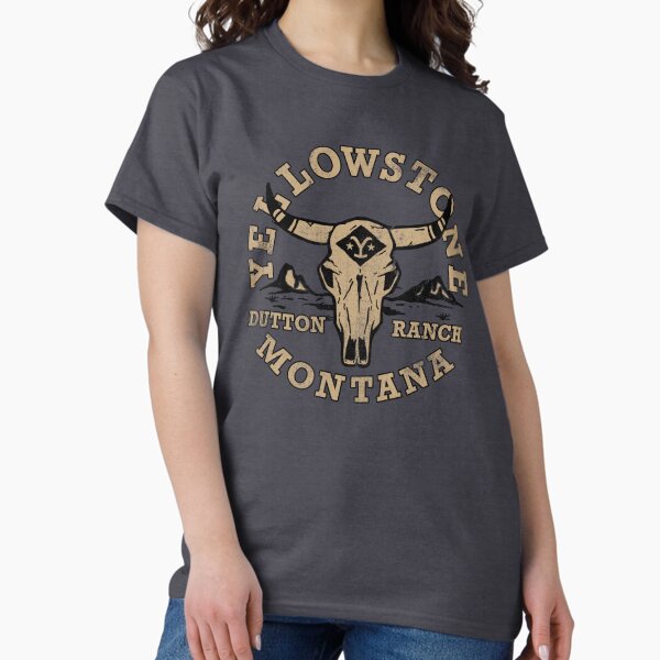 Vista previa del artículo con la obra «Logotipo de estilo vintage de cráneo de ganado de Yellowstone Dutton Ranch», diseñado y vendido por FifthSun.
