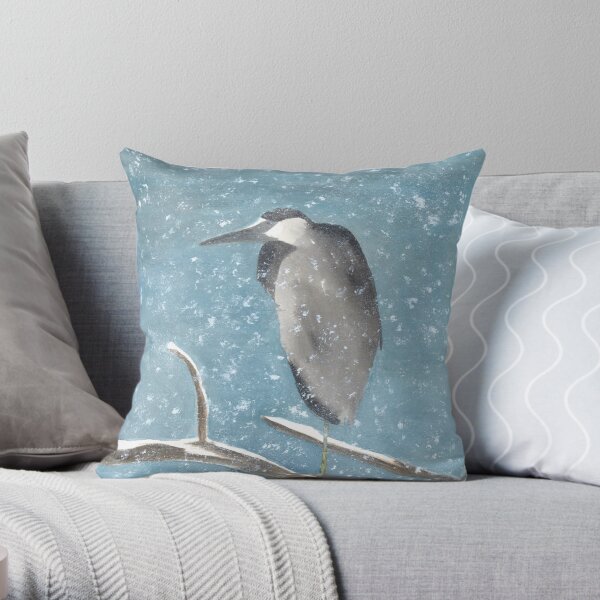 Great Blue Heron in Tree Snowy Winter Roosting Scene Throw Pillow