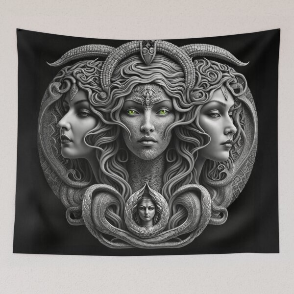 Item preview, Green Eyed Triple Goddess Mother Maiden Crone Hecate Snake Spider Strong Beauty Fantasy Synthographic Sculpture designed and sold by Vicki Noble Art.