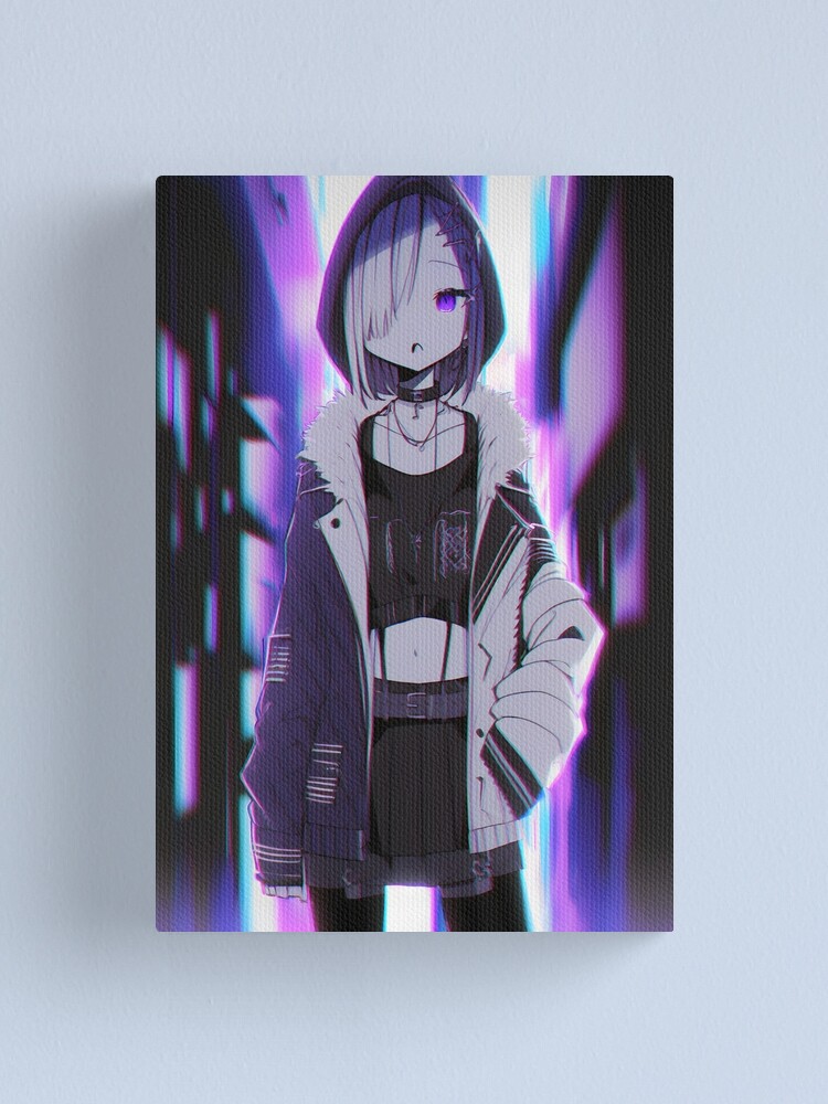 digital style painting, emo anime girl, black long m