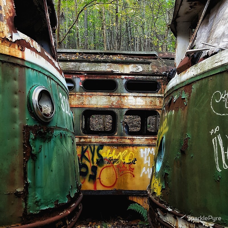 "Abandoned Trolley Cars by SparklePyre" by SparklePyre Redbubble