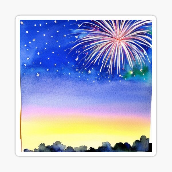 July 4th Fire work Display, Original Framed Ink Drawing, Blue and shops Orange Sky Coloration