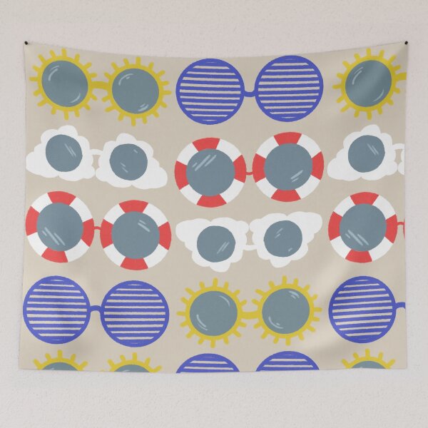 Item preview, Cool beachy sunshades in blue, red, and yellow on sand designed and sold by katerosestudios.