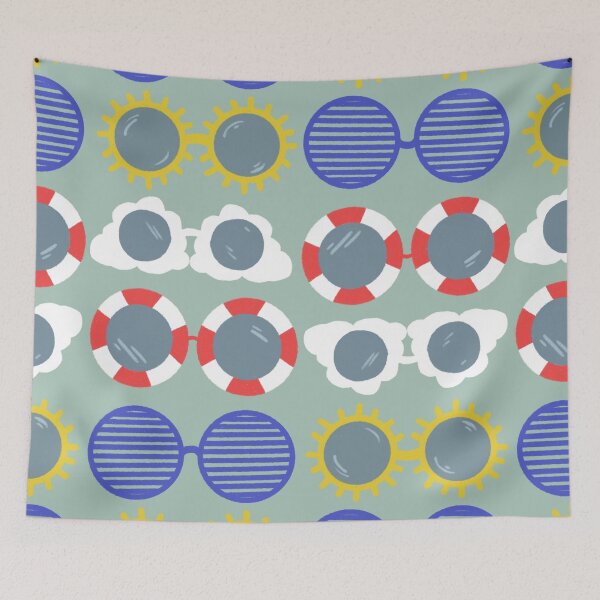 Item preview, Cool beachy sunshades in blue, red, and yellow on sage designed and sold by katerosestudios.