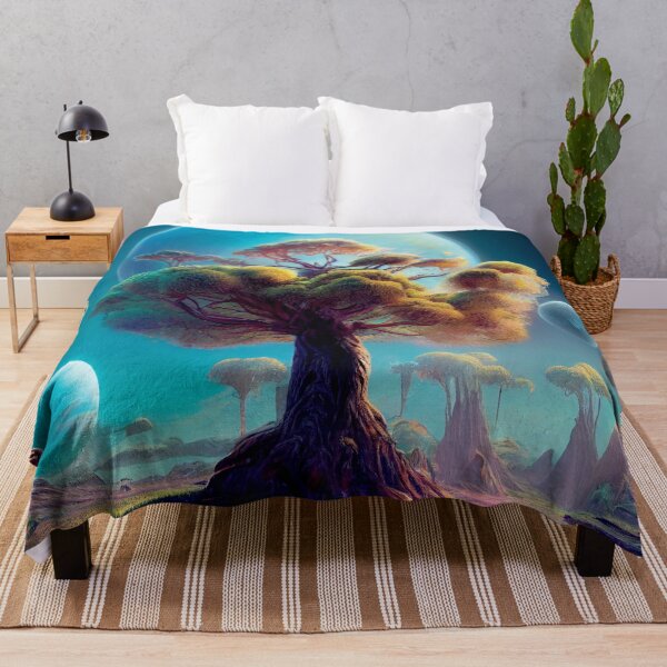 Artikelvorschau, a painting of a landscape with trees and planets entworfen und verkauft von DesignAtYO.