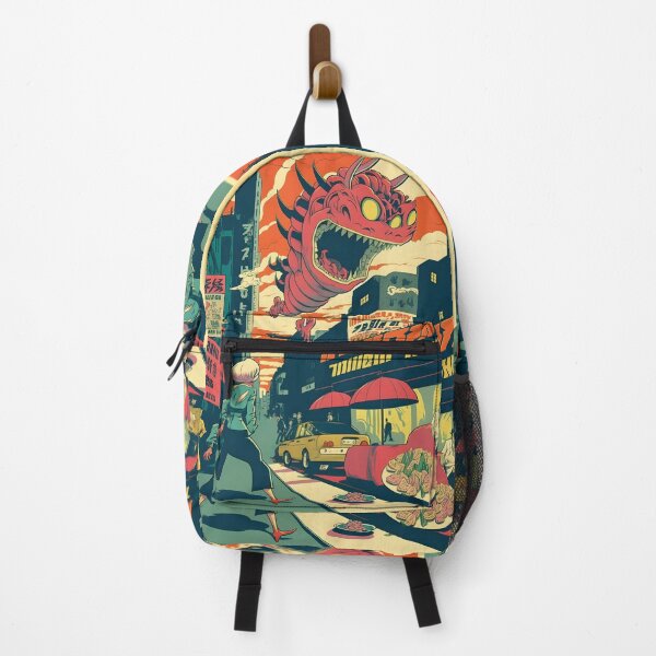 Item preview, Hungry Dragon Flies over City Fantastic Japanese Anime Retro 50s designed and sold by AIWanderer.