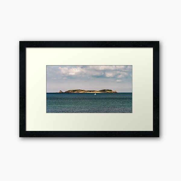 Item preview, Beautiful stone island in the ocean and white yacht, Bretagne, France designed and sold by Alexander Sorokopud.