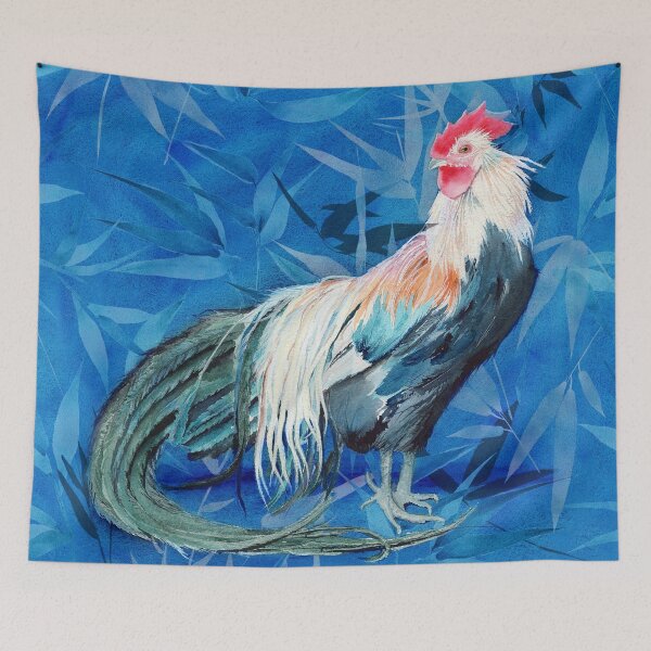 Item preview, Watercolor rooster on the blue background with leaves designed and sold by MaryWatercolor.