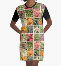 Fruits and Vegetables Collage Graphic T-Shirt Dress