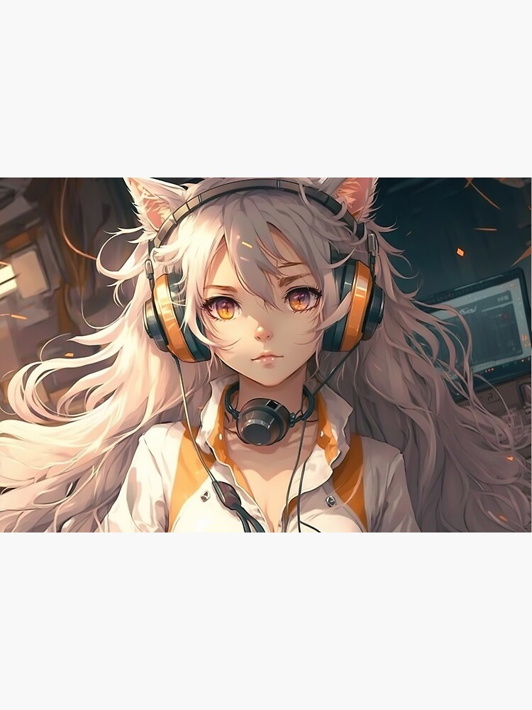 Japanese Anime Girl with Headphone and Cat Ears