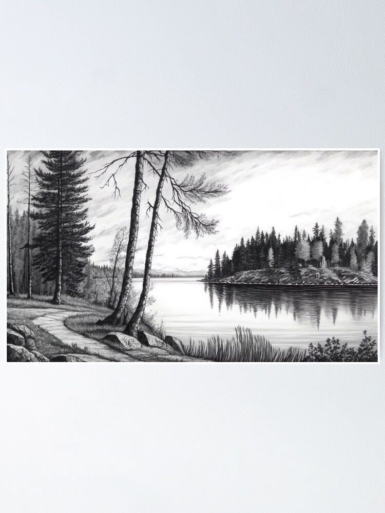 Lake Nature Pencil Drawing Art Black and White Poster for Sale by  ArtfulAmbitions