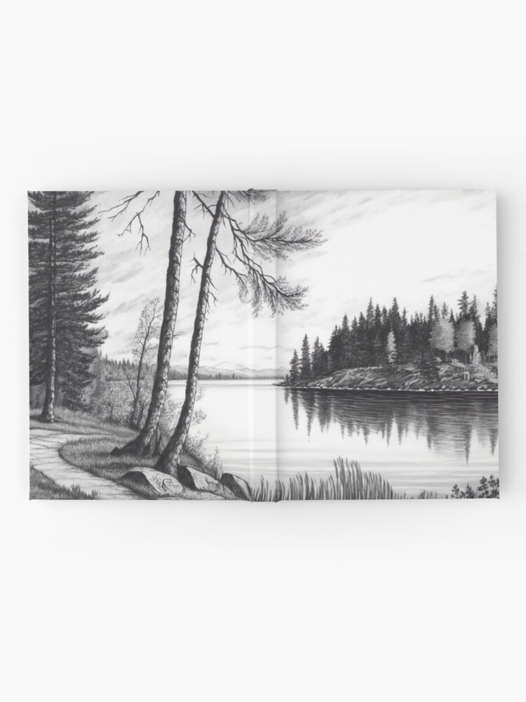 Lake Nature Pencil Drawing Art Black and White