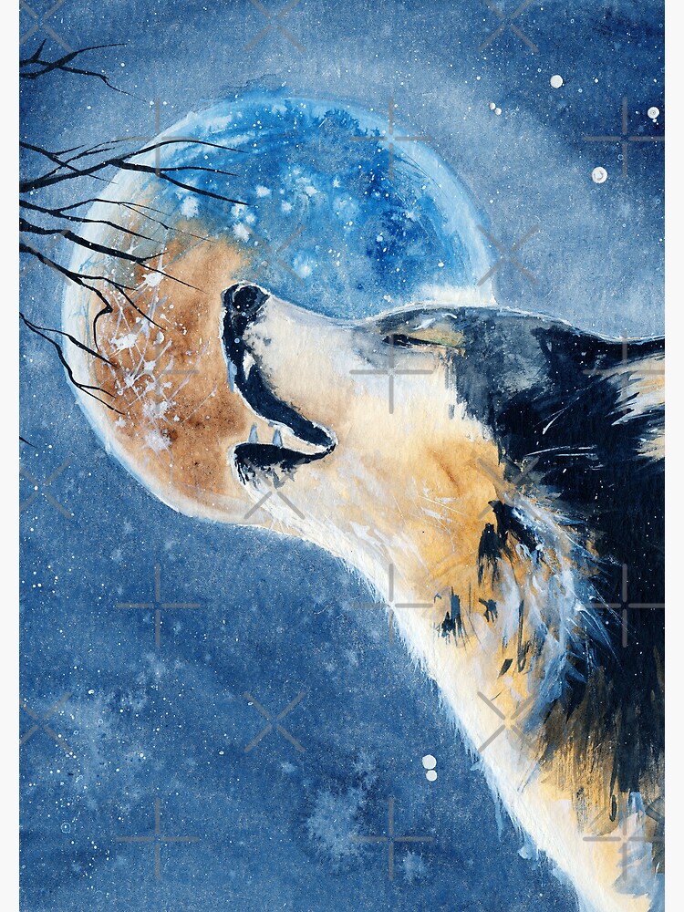 超歓迎された Watercolor picture moon a with wolf a of 絵画