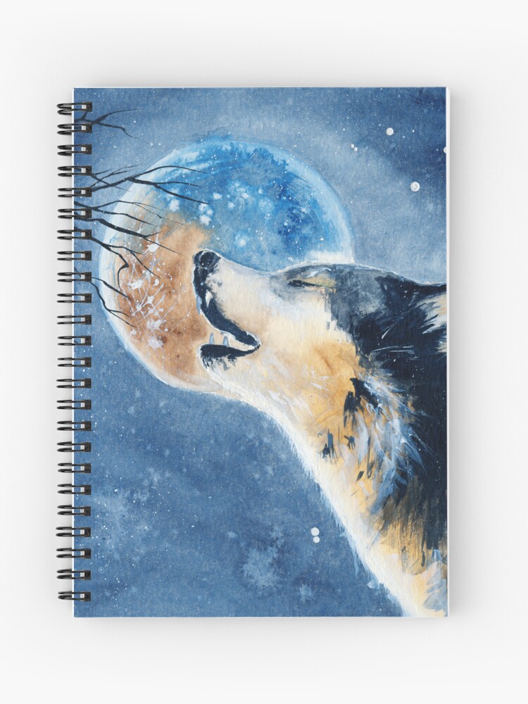 Watercolor picture of a wolf with a moon