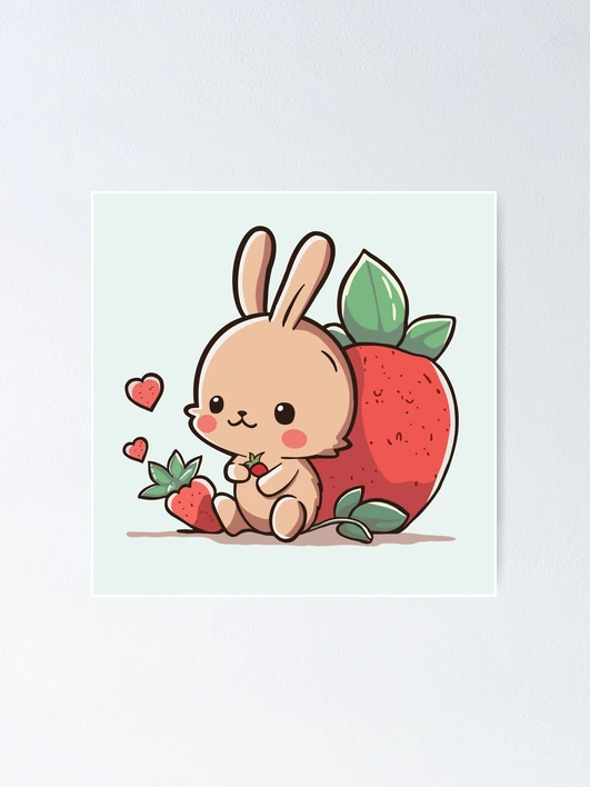 絵画 strawberry & cutie rabbit Cute bunny with strawberry. berry sweet. illustration