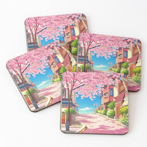 Item preview, Town street with pink cherry trees - scenic anime designed and sold by hedoniism-shop.