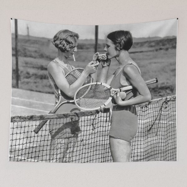 Item preview, Women Tennis Players, Cigarette Break, Vintage Black and White Art designed and sold by modernretro.