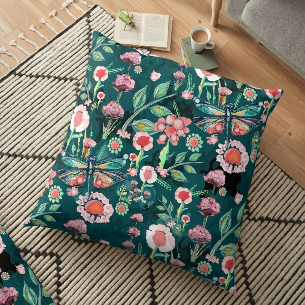 Dark Green Dragonfly Flower Garden Cojines de suelo
