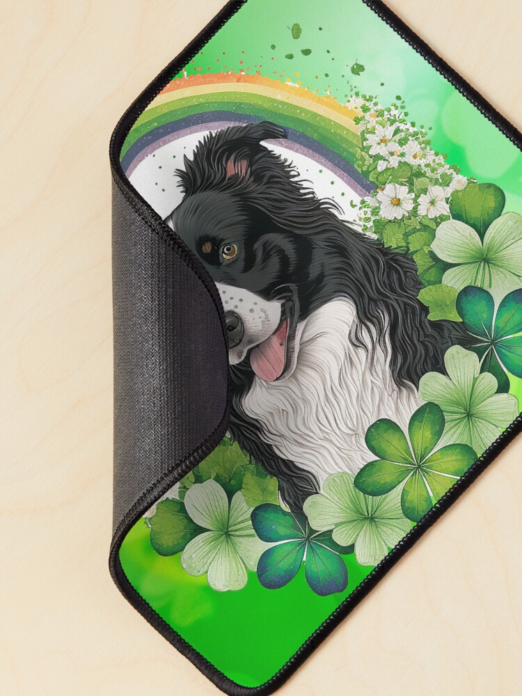 Thumbnail 2 of 5, Mouse Pad, Border Collie St Patrick's Day Design Rainbow and Flowers designed and sold by beanibubs.