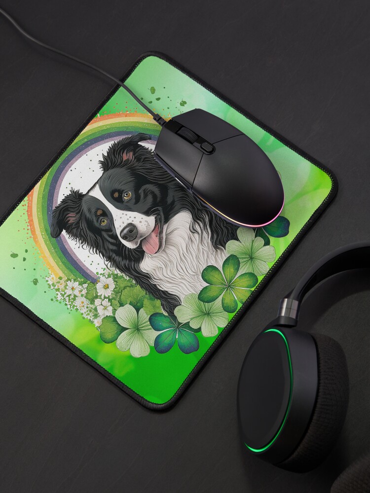Thumbnail 4 of 5, Mouse Pad, Border Collie St Patrick's Day Design Rainbow and Flowers designed and sold by beanibubs.