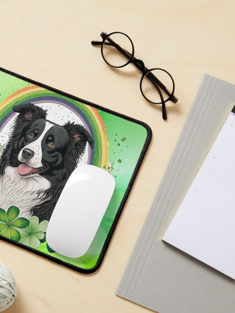 Thumbnail 3 of 5, Mouse Pad, Border Collie St Patrick's Day Design Rainbow and Flowers designed and sold by beanibubs.