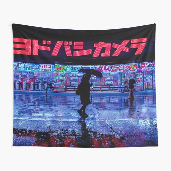 Japanese Walking home in the rain from the grind. Red and blue reflections. Tapestry