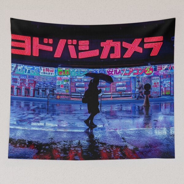 Item preview, Japanese Walking home in the rain from the grind. Red and blue reflections. designed and sold by TokyoLuv.