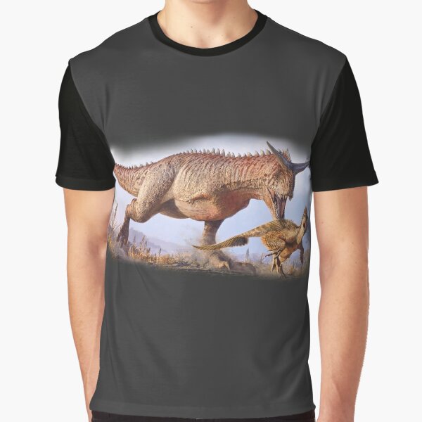 Realistic Carnotaurus Graphic T-Shirt with Black Dinosaur Background