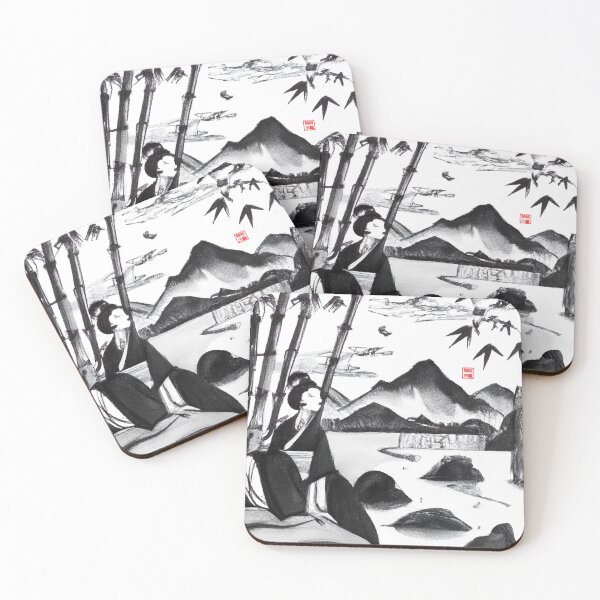 Item preview, Sumi-e Japanese ink drawing, geisha by the lake designed and sold by Monkonthehill.