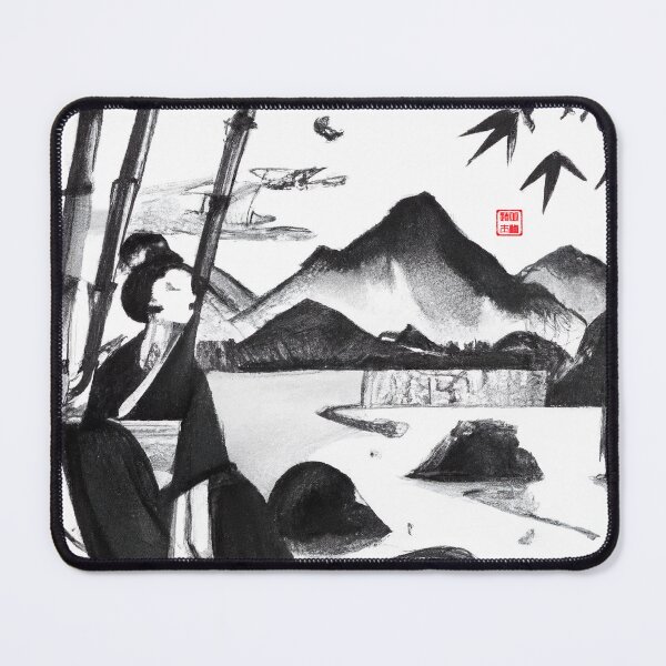 Item preview, Sumi-e Japanese ink drawing, geisha by the lake designed and sold by Monkonthehill.