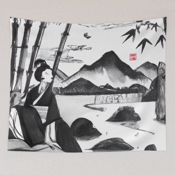 Item preview, Sumi-e Japanese ink drawing, geisha by the lake designed and sold by Monkonthehill.