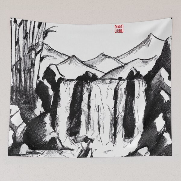 Item preview, Sumi-e Japanese ink drawing, Geisha in front of a waterfall, designed and sold by Monkonthehill.