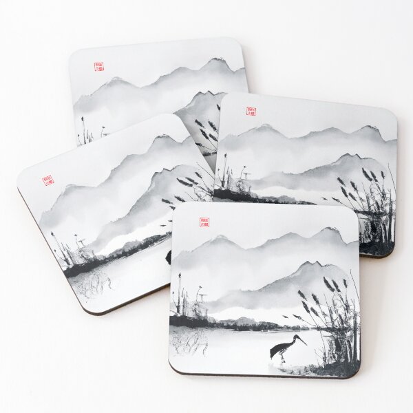 Item preview, Sumi-e Japanese ink painting, crane in pond with reeds designed and sold by Monkonthehill.