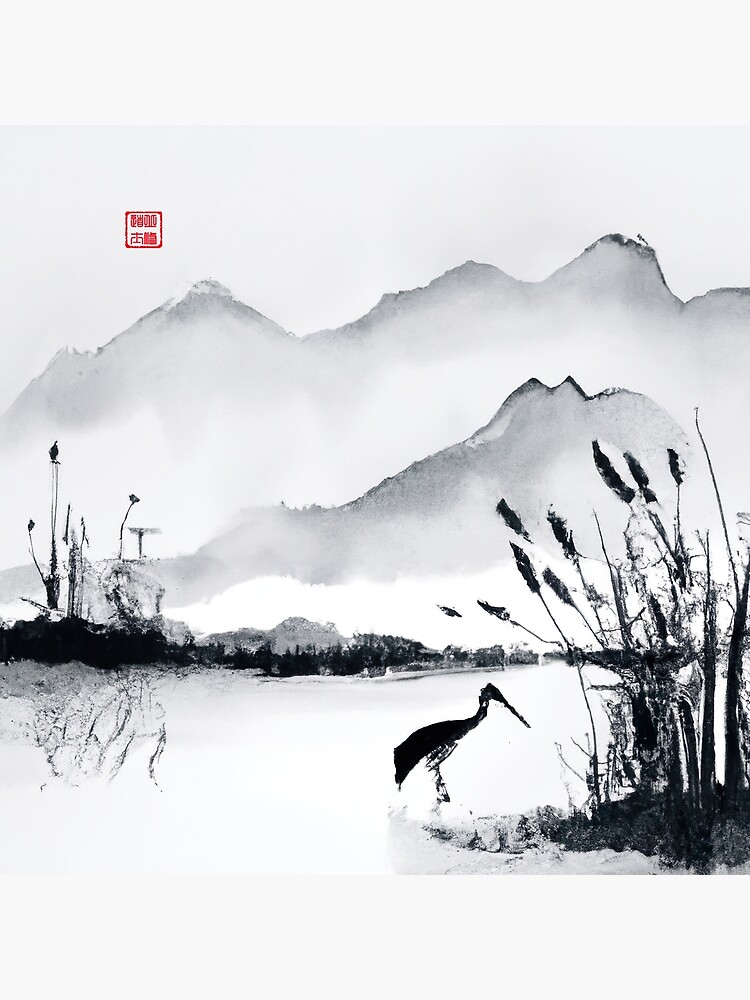 Sumi-e Japanese ink painting, crane in pond with reeds