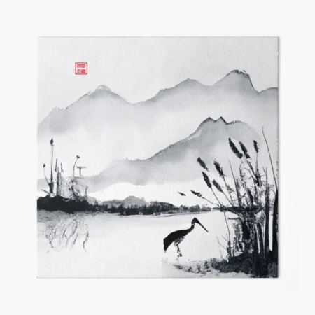 Sumi-e Japanese ink painting, crane in pond with reeds