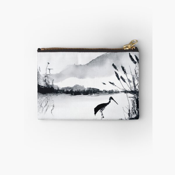 Item preview, Sumi-e Japanese ink painting, crane in pond with reeds designed and sold by Monkonthehill.