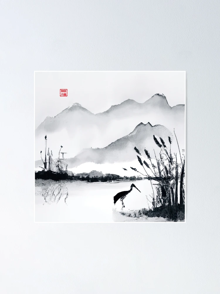 Sumi-e Japanese ink painting, crane in pond with reeds