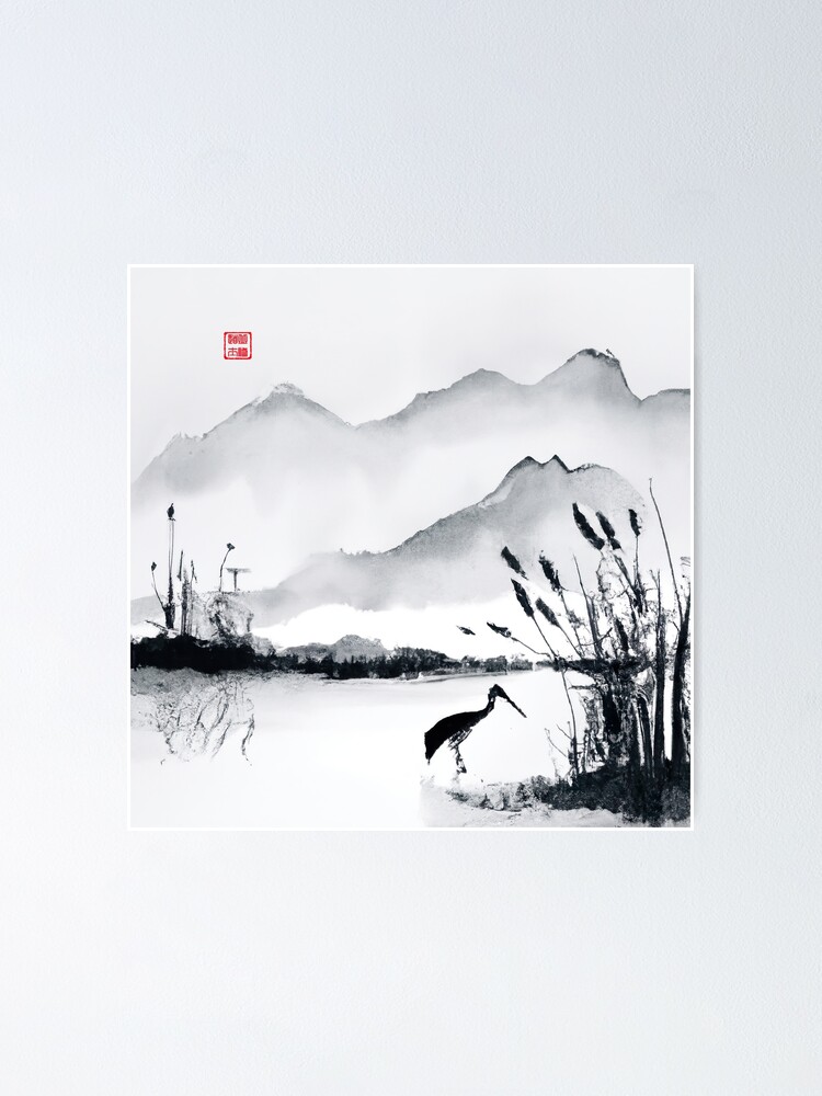 Sumi-e Japanese ink painting, crane in pond with reeds