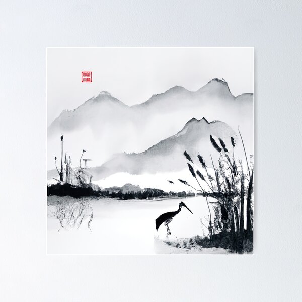墨絵 Sumi-e a painting in black &white Sumi-e Japanese ink painting, crane in pond with reeds