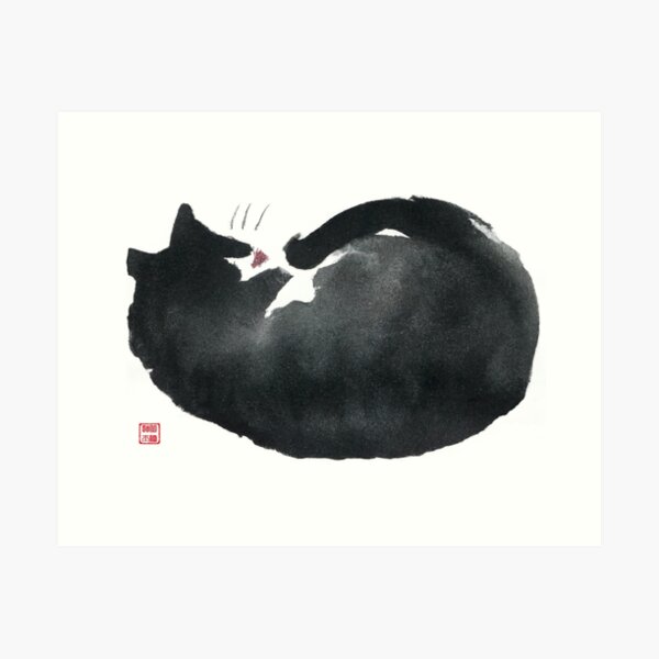 Sumi-e Japanese ink drawing, sleeping cat Art Print