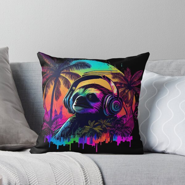 Item preview, Synthwave Retrowave Sloth with Headphones and Retro Sunset Palm Trees Graphic designed and sold by SpookshowDesign.