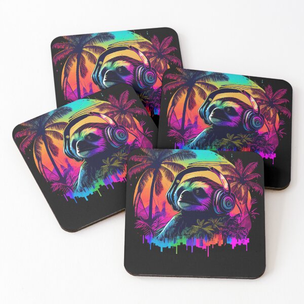 Item preview, Synthwave Retrowave Sloth with Headphones and Retro Sunset Palm Trees Graphic designed and sold by SpookshowDesign.