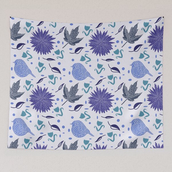 Artikelvorschau, Volkskunst Stle Birds & Leaves Pattern in Blau entworfen und verkauft von BirdsNatureArt.