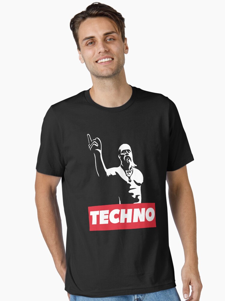 Thumbnail 1 of 7, Essential T-Shirt, Techno Viking meme legend for techno DJ, raver, club, festival designed and sold by primordialcloud.