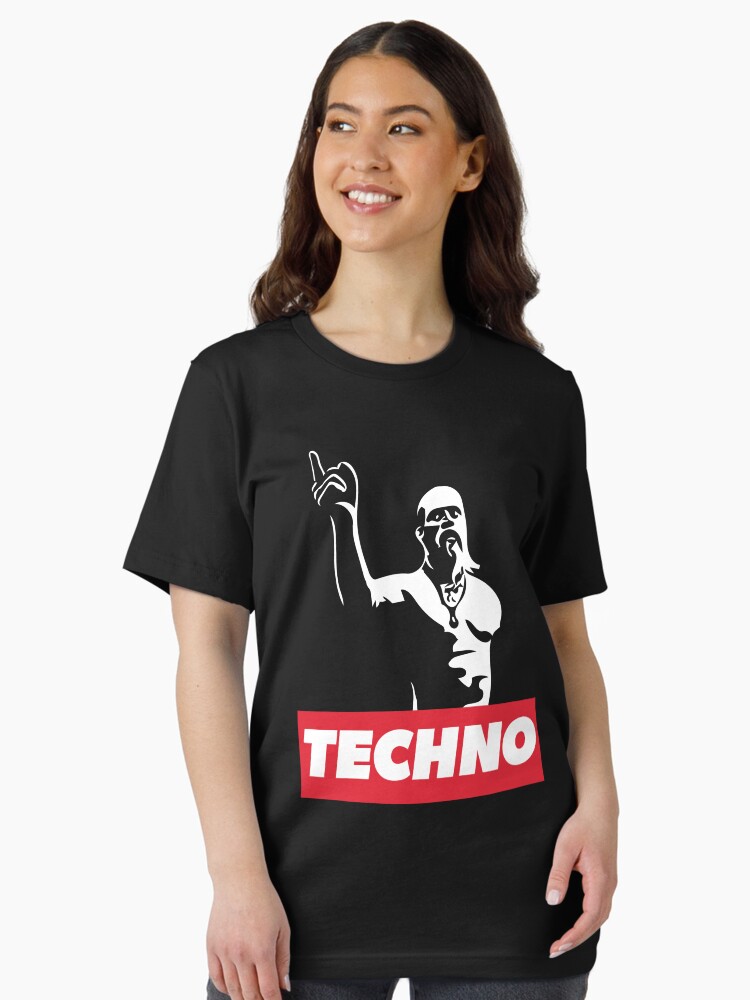 Thumbnail 2 of 7, Essential T-Shirt, Techno Viking meme legend for techno DJ, raver, club, festival designed and sold by primordialcloud.