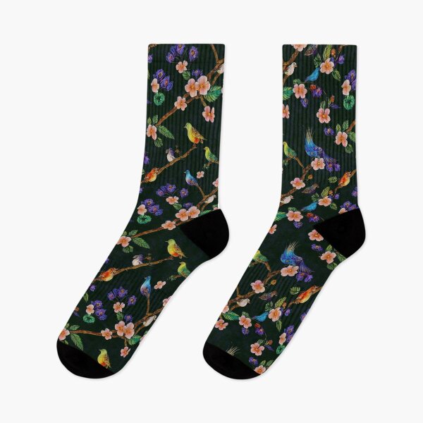 Item preview,  Birds on black background with pink flowers and branches designed and sold by YeKnot.