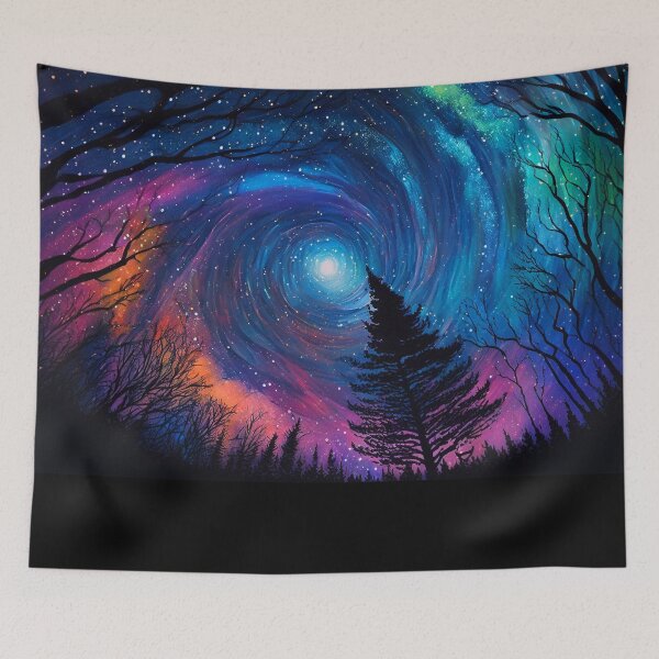 Item preview, Sparkling Colorful Winter Night Sky in Vibrant Hues With Trees designed and sold by ThreadofHonor.