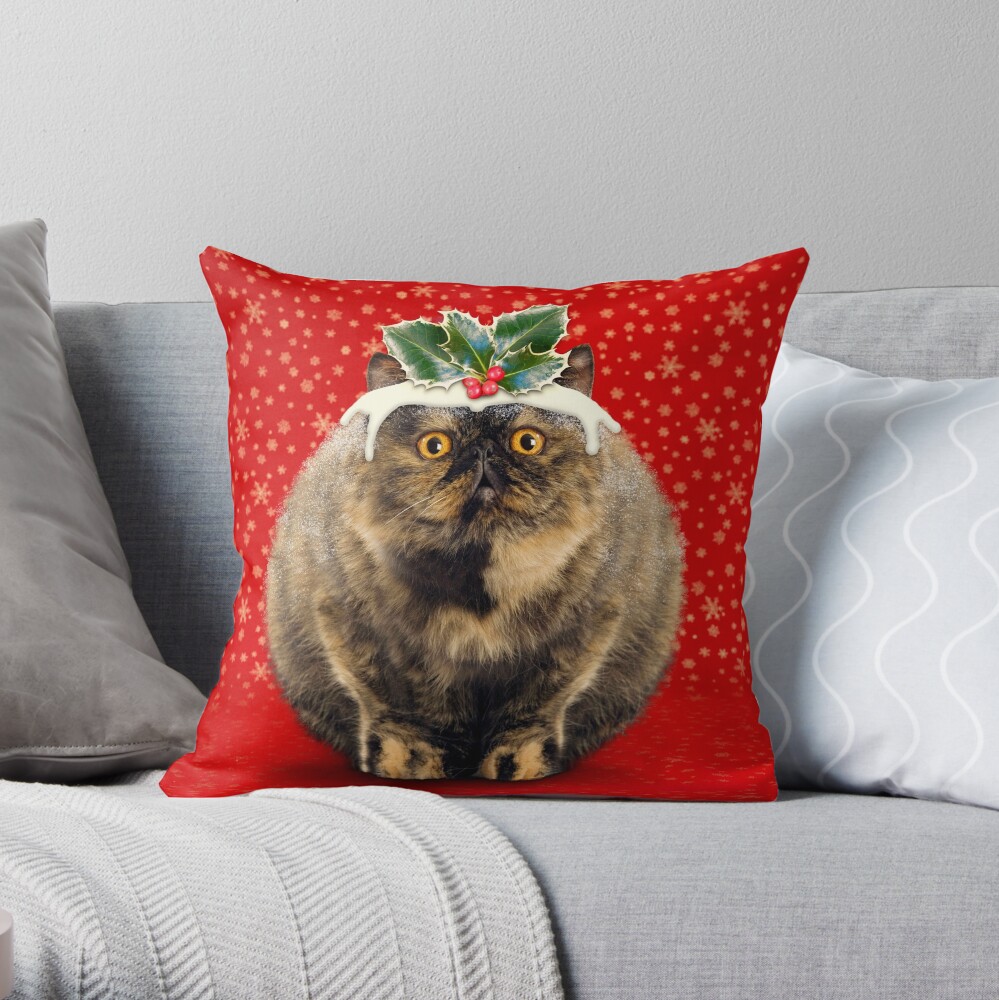 Funny Fat Christmas Pudding Cat Throw Pillow