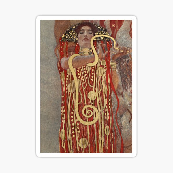 Aperçu de l'œuvre Hygie de Gustav Klimt, célèbre chef-d'œuvre, couleurs or et rouge créée et vendue par EmeraldeaArt.